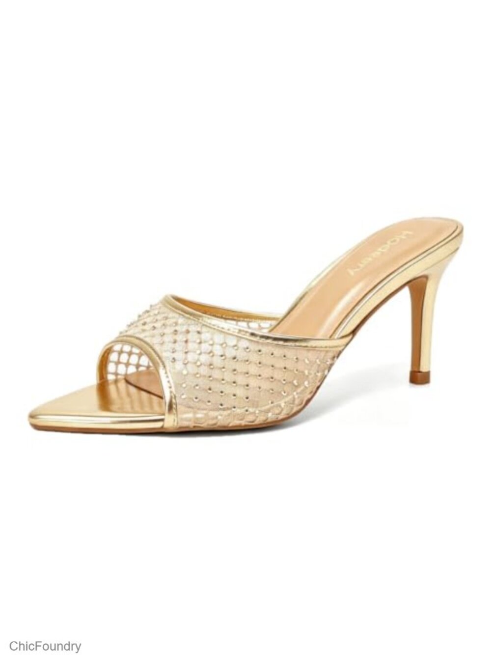 Mesh Rhinestone Mule Heeled Sandals 3 Inch Pointed Open Toe Slip On Faux Leather